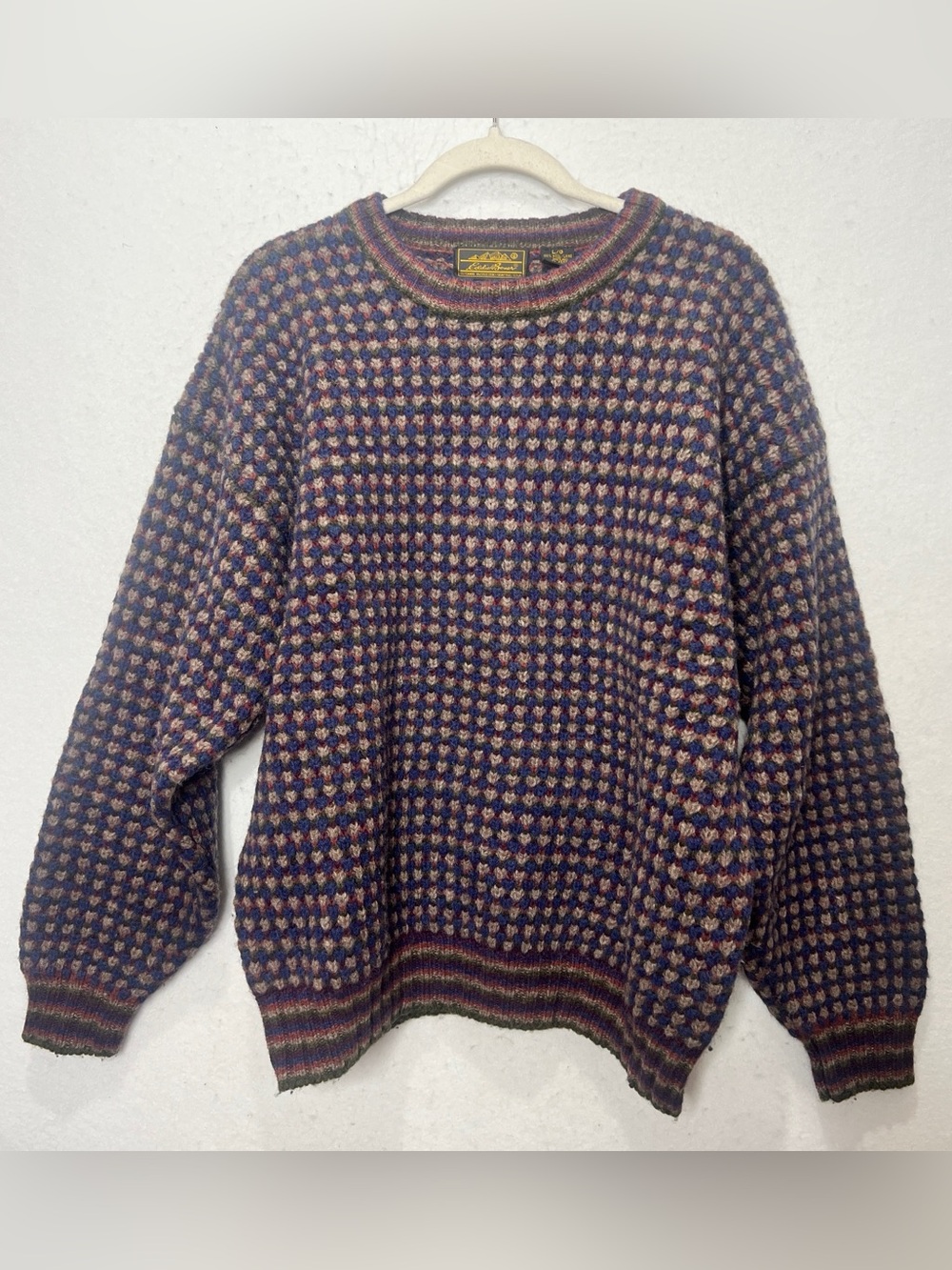 Eddie Bauer 100% Wool Shetland Crewneck Pullover Sweater Multicolor Knit Vintage